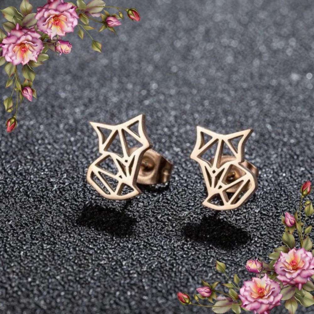 Stainless Steel Cute‎ Fox Ear Studs Rose Gold Origami Animal Earrings